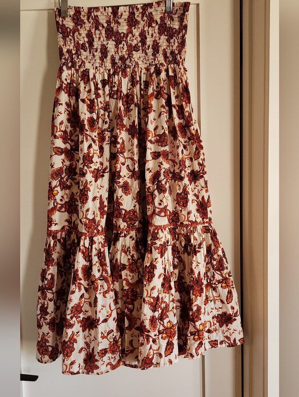 Smocked Waist Floral Maxi Skirt - Cream with Rust Floral
